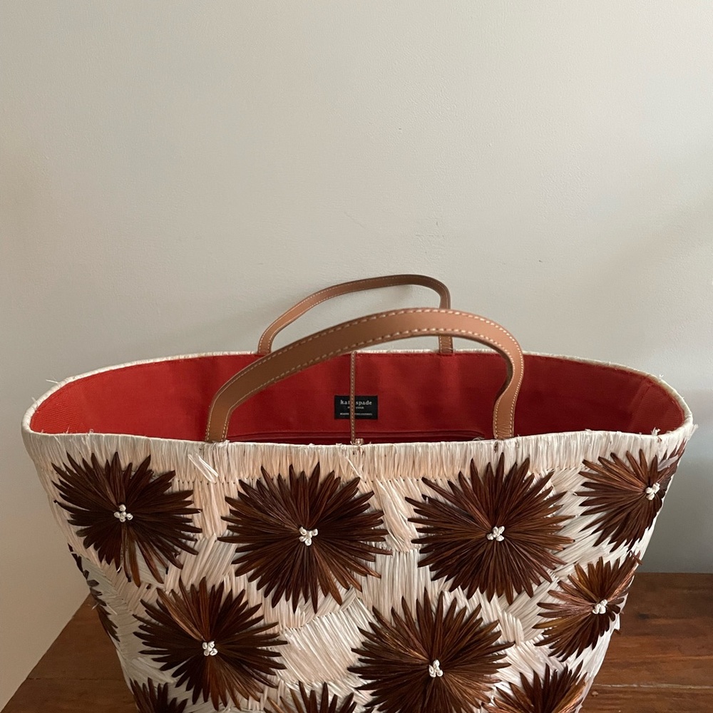 Vintage New Kate Spade Cabo Holiday Large Raffia Tote W/Brown Flowers